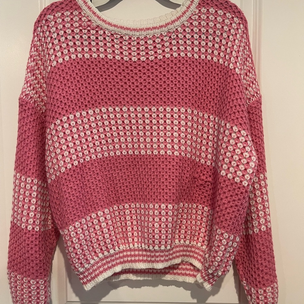 SHEIN Pink and White Crochet Stripe Crewneck Sweater